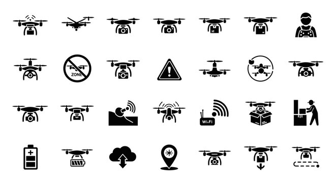 35 Drone Icons Including No Fly Zones Battery Alerts and Delivery Services Vector Set