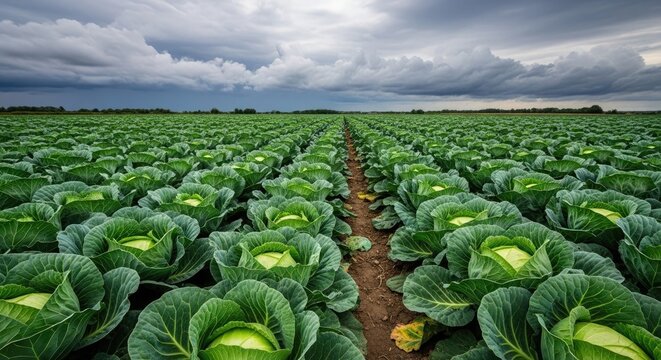 Vast cabbage field under dramatic storm clouds agricultural landscape