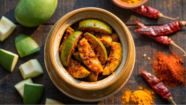 A rustic bowl of spicy mango pickle, surrounded by whole dried chilies and vibrant spice powders on a wooden surface
