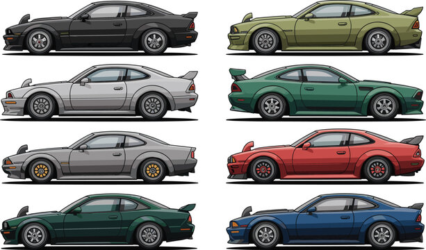 Japanese drift cars and JDM sports coupes vector collection isolated on white background for motorsport design