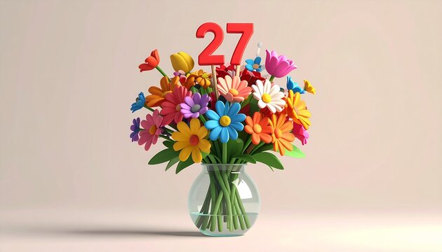 Vibrant Flower Bouquet with Number 27 for Birthday or Anniversary Celebration