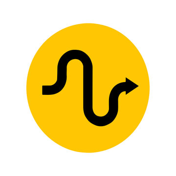 Yellow Circle Black Outlined Serpentine Icon. Complex Winding Path Graphic. Multi-Curve Directional. 