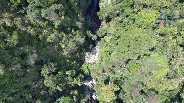 Aerial view of beautiful mountain forest lake with waterfalls