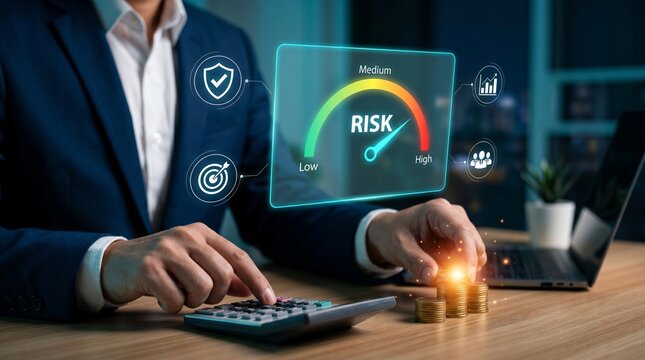 Businessman assessing financial risk with calculator and coins on desk in office