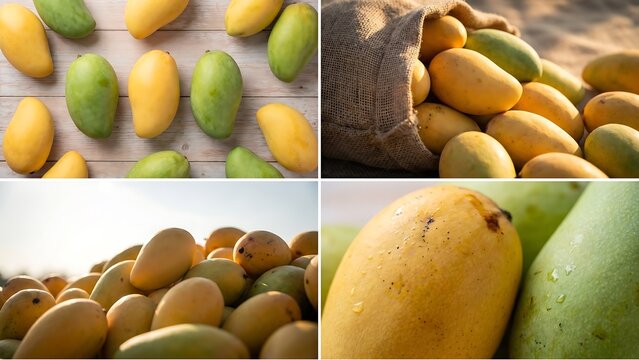 Collage of ripe yellow and green mangoes, some in a burlap sack, others scattered on a wooden surface and in a pile