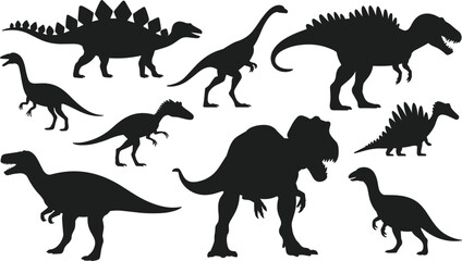 Dinosaur silhouettes set, prehistoric reptile collection, black dino figures in various poses for design © Kaiyum
