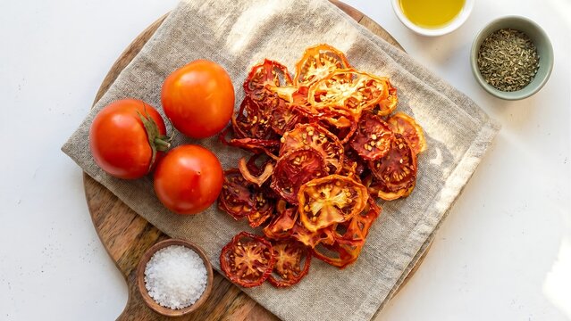 Fresh ripe tomatoes and crispy sun-dried tomato chips arranged on rustic wooden board with salt and herbs