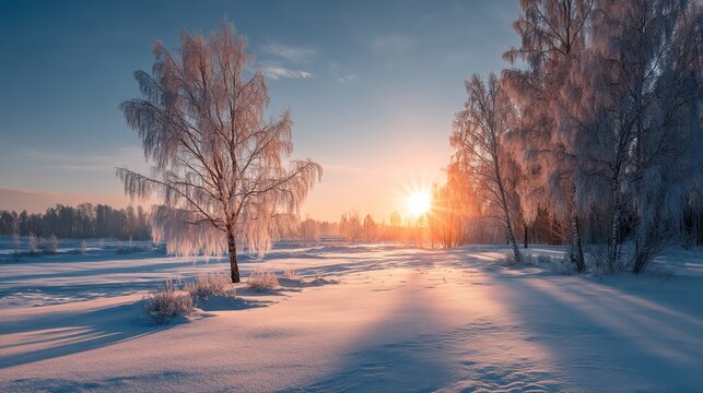 A serene winter landscape awaits you. Snow-covered ground glistens under the warm glow of the sunset. Trees stand tall, adorned with frost. This image evokes peace and tranquility. AI