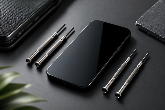 Sleek black smartphone and precision screwdrivers laid out on a dark textured surface, ready for repair or assembly
