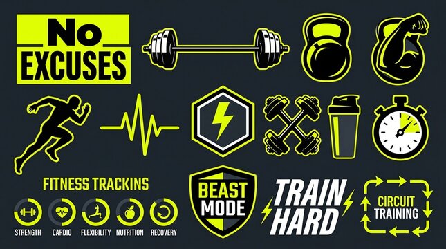 Motivational Fitness and Gym Brand Element Set in Black and Neon Yellow for Personal Trainer Gym Studio Sportswear Brand Fitness App and Athletic Performance Social Media Design