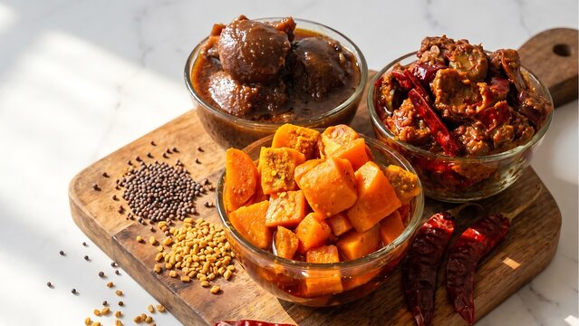 Three bowls of indian pickles, including mango and mixed vegetable, with spices and dried chilies on a wooden board