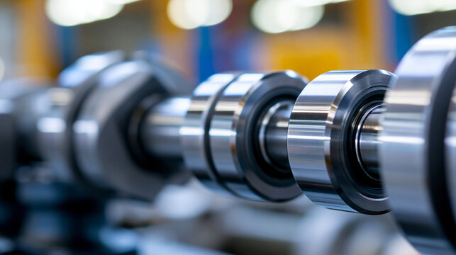 Close-up view of a rotating crankshaft as a vital component within an internal combustion engine mechanical assembly. Rotating crankshaft, vital component, mechanical assembly,
