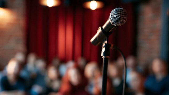 Stand-up comedy open mic stage with a brick background and red curtains featuring a microphone shot from behind the comedian with an audience visible in the background. Defocused