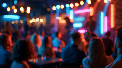 Naklejka premium New Year's Eve comedy show with a lively audience and neon brick wall backdrop in an intimate club setting for a festive entertainment concept. Defocused club background. New Year