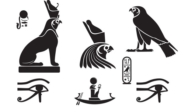 Bird, cat, eye, and phoenix Egyptian hieroglyph icons set in black silhouette style for ancient mythology design