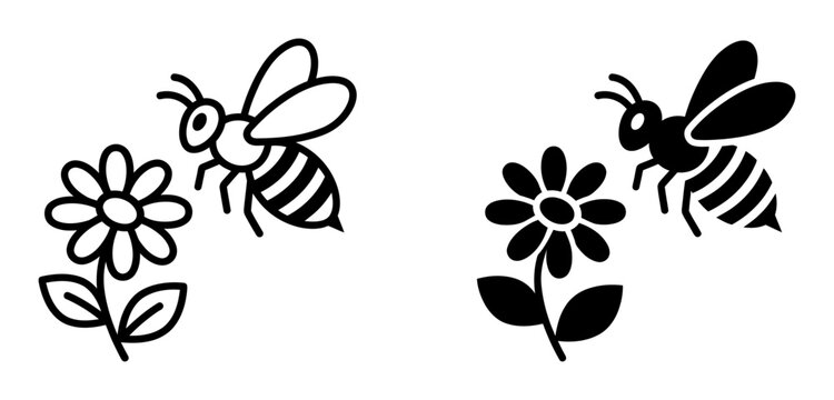 Bee silhouette icons with flower, solid black style, nature animal insect collection for spring designs