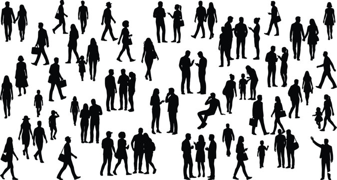 Large group of diverse people silhouettes vector illustration with different poses and stances isolated on white background
