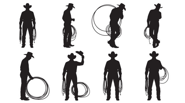 Cowboy hand drawn silhouette set with lassos and rope loops for Western branding and vector design use