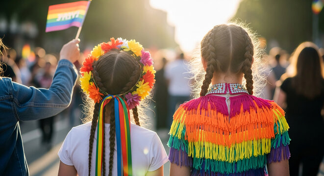 Rear view of two children in colorful outfits, one with a flower crown, holding a rainbow flag, symbolizing pride and celebration in a crowd