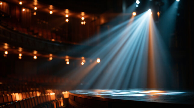 Empty theater stage under a dramatic spotlight for a classic performance and event venue concept. Dramatic spotlight stage, empty theater, performance venue, classic concept ,