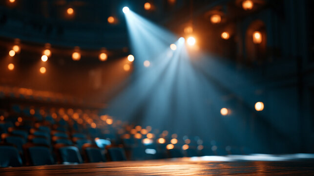 Empty theater stage under a dramatic spotlight for a classic performance and event venue concept. Dramatic spotlight stage, empty theater, performance venue, classic concept ,