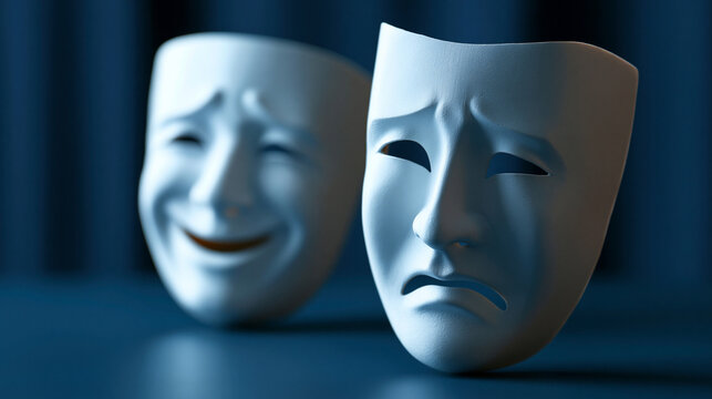 Theater drama masks representing comedy and tragedy as artistic performance and stage play expression in a concept illustration. Drama masks concept, comedy tragedy art, stage