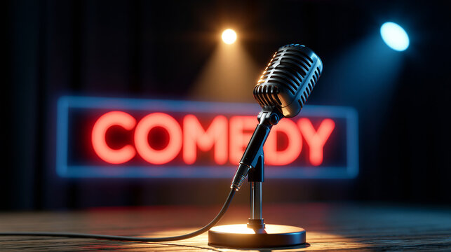 Comedy stage illuminated by a spotlight with a microphone and a red neon comedy sign for a live performance venue concept. Spotlight comedy sign, neon microphone stage, live