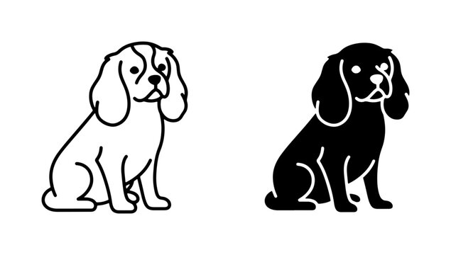 Cavalier King Charles Spaniel Dog Icons, Sitting Pet Vector Illustrations, Black and White Canine Graphics for Animal Lovers