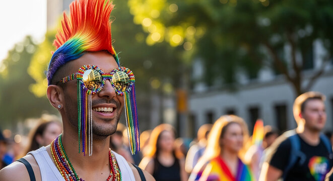 A man with rainbow mohawk and beaded glasses smiles, symbolizing pride and celebration at an outdoor event with blurred crowd in background