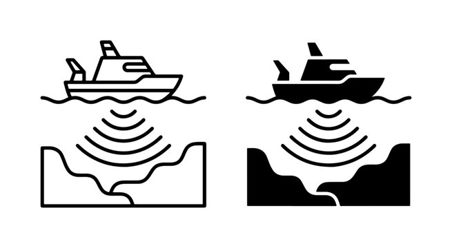 Sonar Ship Icon Set, Marine Navigation and Oceanography Vector Graphics, Nautical Technology and Underwater Survey Symbols