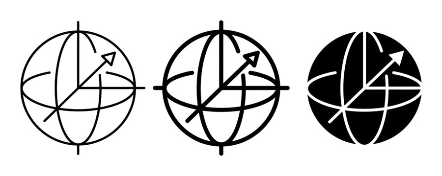 3D coordinate system globe silhouette icons, solid black style, for mathematics and engineering concepts