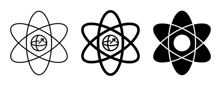 Three atom silhouette icons with orbiting electrons, solid black style, for science education research projects.