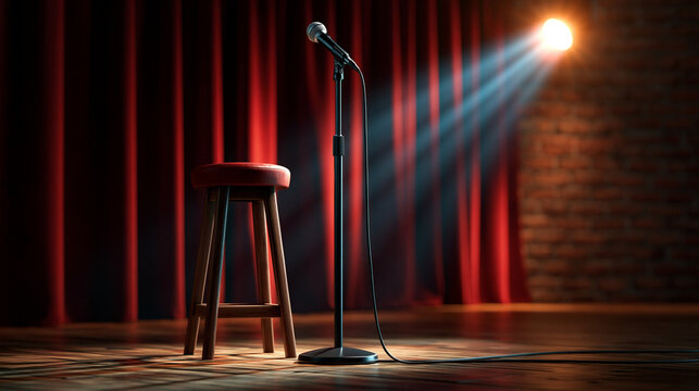 Empty comedy club stage with a microphone, stool, red curtains, and a spotlight against a brick wall background for a venue concept. Empty comedy stage, stool microphone, red