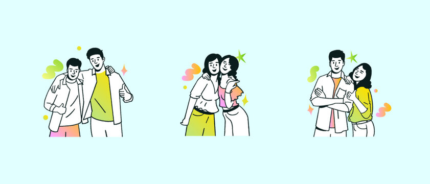 Diverse people cartoon character of young people, friends enjoying isolated scene fresh colours set