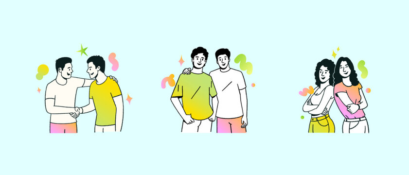 Diverse people cartoon character of young people, friends enjoying isolated scene fresh colours set
