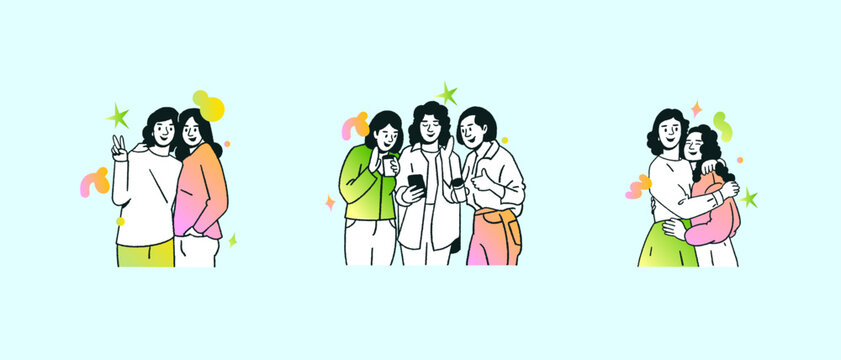 Diverse people cartoon character of young people, friends enjoying isolated scene fresh colours set