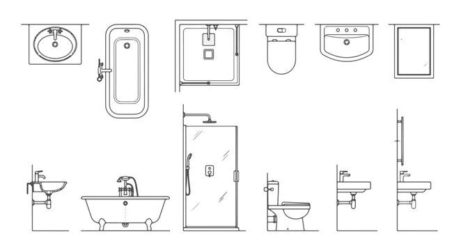 Collection of Bathroom Fixture Architectural Line Art Icons with Plan and Elevation Views for Interior Floor Plan Design