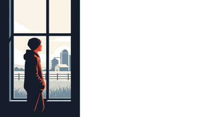 Fototapeta premium Young person looking out window at farm landscape, symbolizing future, dreams, and rural business integration with AI