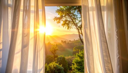 Naklejka premium Sunrise through window curtains