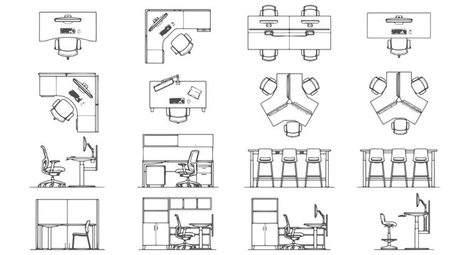 Collection of Office Workspace Architectural Line Art Icons with Desk Elevations and Top View Floor Plan Layouts