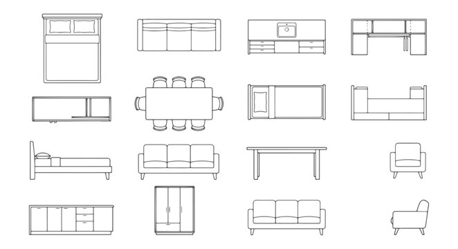 Collection of Residential Furniture Architectural Line Art Icons with Top View Plan and Elevation for Home Interior Design