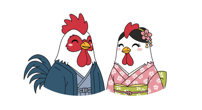 Male and female chicken characters dressed in traditional Japanese wedding attire with kimono and hakama featuring elegant floral patterns.