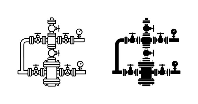 Industrial Wellhead Equipment Vector Icons, Oil Gas Valve Manifold Set, Technical Schematic Symbols