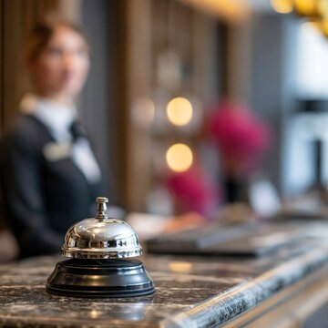 Receptionist assists guests with check-in at hotel front desk during busy afternoon
