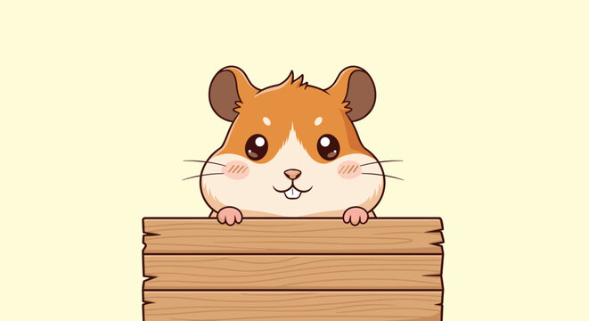 Cute hamster character peeking curiously over a blank wooden sign or board making it ideal for custom messages or creative banner designs.