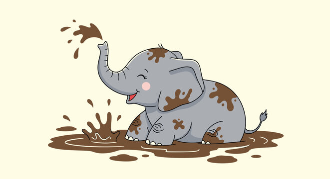 Joyful baby elephant sits in a brown mud puddle and playfully splashes mud using its trunk in an outdoor scene.