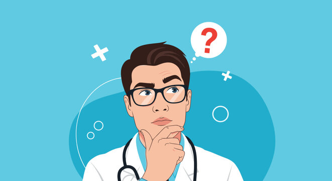 Thoughtful male doctor with glasses looks up with a red question mark in a thought bubble reflecting confusion.