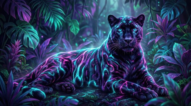 A dramatic, technicolor portrait of a black panther with neon-like cyan, magenta, and purple reflections, in a twilight jungle setting.