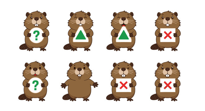 Set of beaver characters holding different signs with symbols such as question marks and red crosses for choices or results.