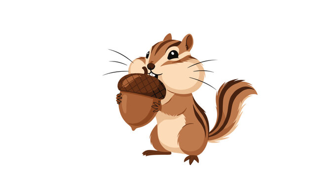 Illustration of a cute cartoon chipmunk standing on its hind legs and holding a large brown acorn with puffy cheeks on white.